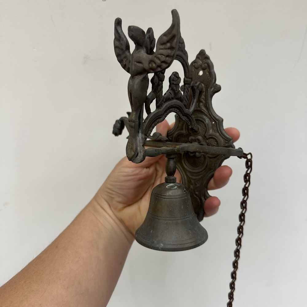 Vintage Brass Wall-Mounted Gothic Bell Chain & Pull Handle Patina Angel Dragon